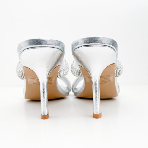 Steve Madden Baton Rhinestone Silver Mules Sandals Heels - Picture 6 of 14